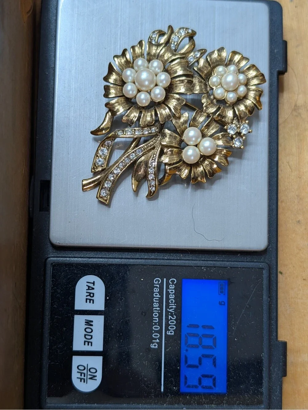Vintage Monet Floral Bouquet Brooch Pin Gold Tone Faux Pearl Rhinestone Flower